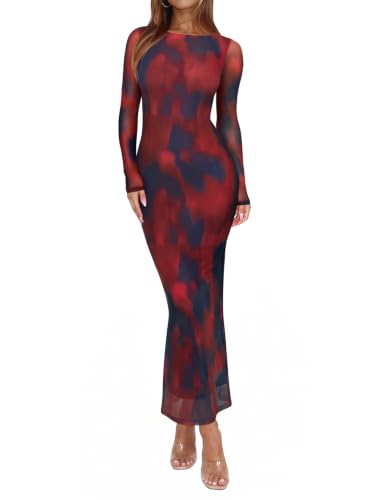 REORIA Women's Fall Mesh Sheer Long Sleeve Wedding Guest Dress Sexy Floral Bodycon Maxi Long Dresses