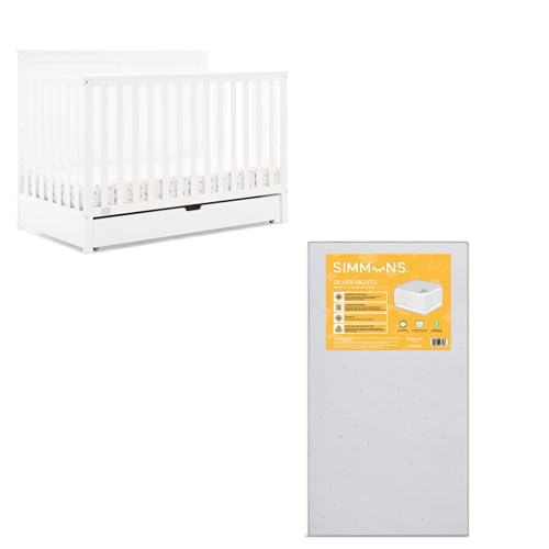 Image of Simmons Kids Logan 6-in-1 Convertible Crib with Underdrawer - Greenguard Gold Certified, Bianca White + Simmons Kids Silver Nights Dual Sided 2-Stage Antimicrobial Baby Crib Mattress (Bundle)