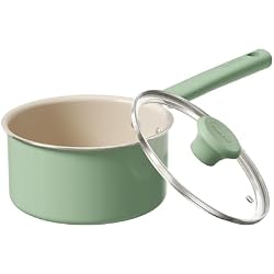 Redchef Ceramic Nonstick Saucepan with Lid, 1.5QT Small Cooking Pot, Non Toxic Sauce Pans for Kitchen, Cool Handle PFAS Free Compatible with All Cooktops, Green