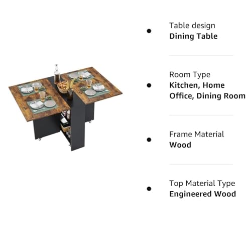 Image of TEKAVO Peyton Foldable Dining Table for Home 4 Seater | Space Saving, Movable with Wheels | 130cm x 80cm x 80cm | Brown & Black | DIY