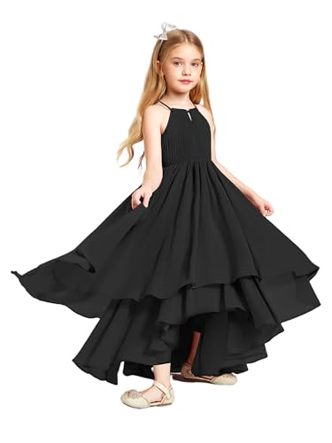 Junior Bridesmaid Dresses for Teen Girls High Low Tiered Ruffle Flower Girl Dress Halter Ruched Wedding Party Dress