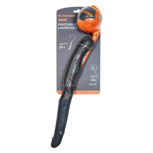GiGwi, Skipdawg - Lanciatore ergonomico per cani, materiali durevoli, portata impressionante, compatibile con palline standard, facile da usare, 61 cm, arancione/grigio, modello Skipdawg