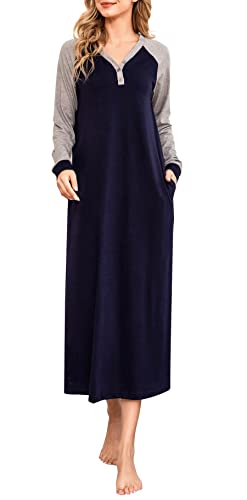 Lovasy Chemise de Nuit Manche Longue Coton pour Femme Maternité Grande Taille avec Poches,Marine,M