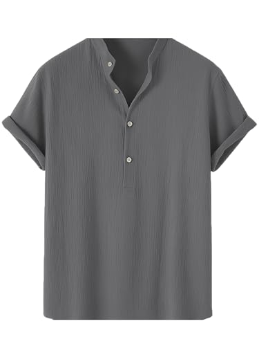 Image of LATEST CHIKAN Men's Casual Mandarian Collar T Shirts Short Sleeve Bubble Textured Short Kurta Fashion Beach Summer Kurta