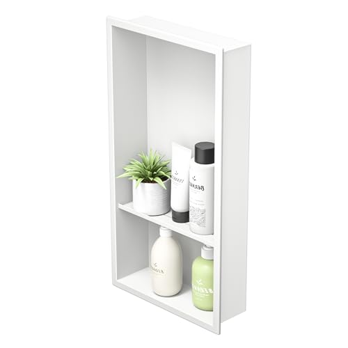 Bernkot Nicho de pared de acero inoxidable 304 blanco ducha nicho 60 x 30 cm estantes dobles empotrados nicho ducha para almacenamiento de baño no requiere azulejos nicho sobre montaje