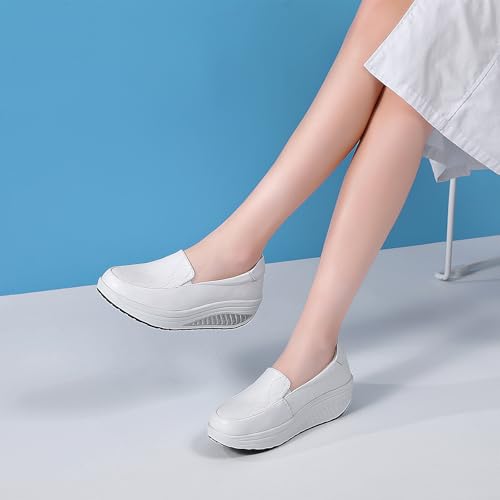 Image of Women's Leather Platform Slip On Nurse Loafers Comfortable Lightweight Wedge Orthotic Sneakers Casual Rocker Shoes