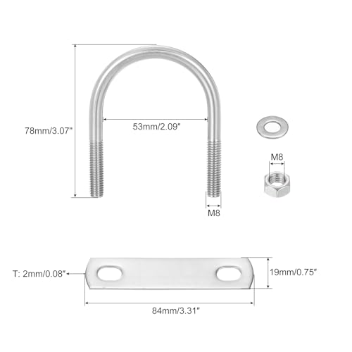 Image of uxcell Round U-Bolts, 4 Sets 53mm(2.09 inch) Inner Width 78mm Length M8 304 Stainless Steel U Clamp Bolt with Nuts and Plates, for Boat Trailer