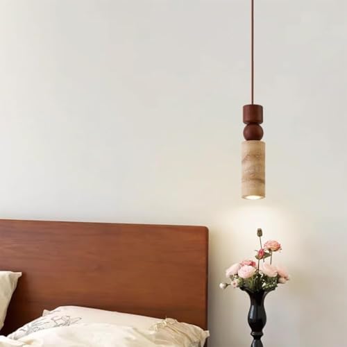 Natural Stone Lamp Body Pendant Light Cylindrical Wood LED Source Dining Room Hanging [3]