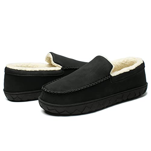 Newdenber Men's Moccasin Slippers Warm Memory Foam Leather Plush Shearling Lined Slip On Indoor Outdoor House Shoes (11 D(M) Us, Black) #TOP6