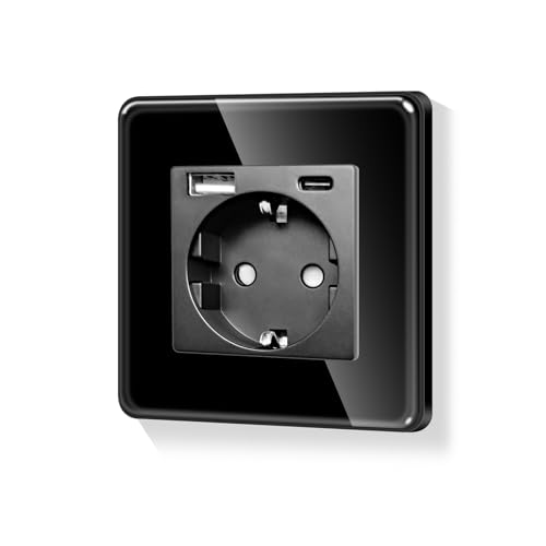 LIAONFOY 20W Runde Wandsteckdose Typ c und USB Kombination 86mm 100-250V Kompatibel mit iPhone iPad Android Gerät Max Ladegeschwindigkeit 20W für Typ c 20W für USB Schwarz(Neutrale erforderlich)