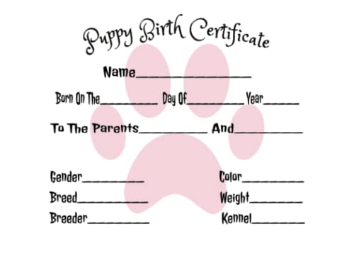 Newborn Puppy Birth Certificates | Dog Breeder Paperwork | Litter or Adoption Records | Birth Forms for Puppy Breeders and Shelters | Dog Owners | Pink | 8.25 x 6 Inches