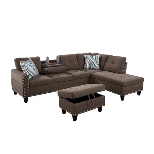 Image of L-Shaped 3-Piece Breathable Fabric Sofa with Ottoman, Sectional Couch Set for Living Room, Office, Apartment, with Cup Holder, Brown
