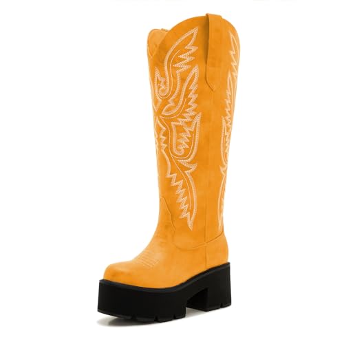 Image of Uillnoodu Wide Calf Cowboy Boots Women Adjustable Lace Up Knee High Tall Plus Size Cowgirl Boots Western Style Comfortable 2-Inch Heel