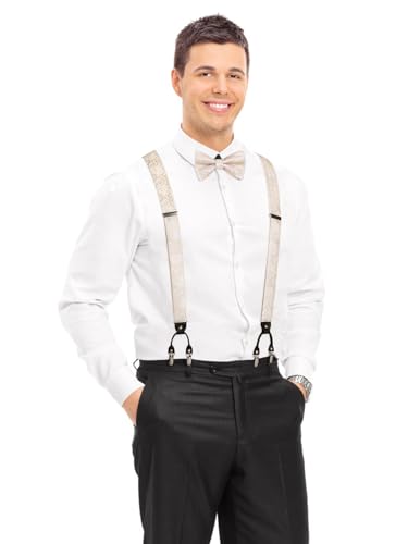 Image of HISDERN Suspenders for Men Paisley Floral Bow tie Suspender Pocket Square Sets Adjustable Y Shape 6 Clips Wedding Braces
