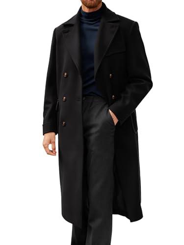 Image of Runcati Mens Trench Coat Notch Lapel Double Breasted Peacoat Wool Blend Casual Long Overcoat
