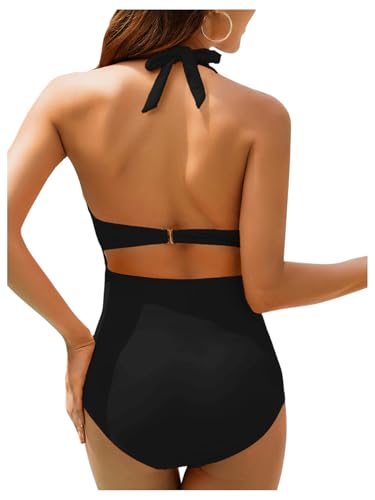 MakeMeChic Women's Maternity One Piece Swimsuit Halter Cross Front Bathing Suit Black XS - Image 2