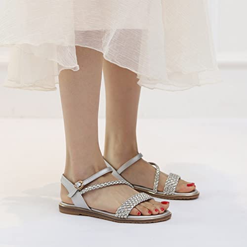 Intini Womens Casual Strappy Sandals Flexible One Band Open Toes Ankle Strap Summer Flat Sandals Silver. Size 8 M Us. 40 Eu #TOP4