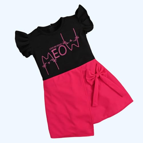 Image of ER Life Style Casual Cotton Blend Meow Printed Knee Length Ruffle Short Sleeves Dress for Girls