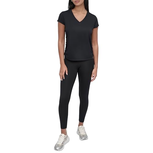 Image of DKNY Women's Short Sleeve V-Neck Tech Ruched Side Seam Active T-Shirt