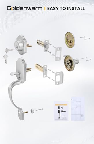 Image of Goldenwarm Double Front Door Lock Set, Brushed Nickel Double Door Handle with Dummy, Double Front Door Hardware Set with Reversible Wave Handle Lever, Double Entry Door Lock Set