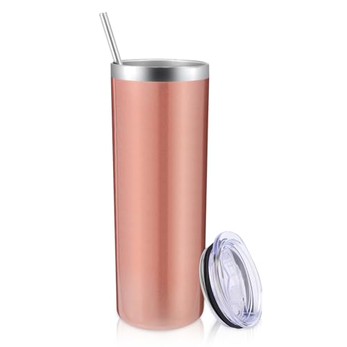 Volhoply 600ml (20oz) Skinny Tumbler with Lid and Straw, Stainless Steel Straight Tumblers Cup, Vacuum Insulated Coffee Mug for Home, Office, Travel, DIY (Rose Gold,1 Pack)