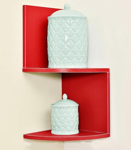 Image of Wall Mount Corner Shelves with Two Tiers for Wall Decoration and Storage Organiser Rack for Living Room, Bedroom, and Office Decor - Made of Wood (red)