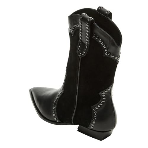 FOWT Women Pointed Toe Mid Calf Boots Pull on Rivet Studded Chelsea Chunky Low Heel Casual Fashion Shoes Size 4-16 US4