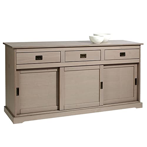 IDIMEX Buffet Savona bahut vaisselier Commode avec 3 tiroirs et 3 Portes coulissantes, en pin Massif lasuré Taupe