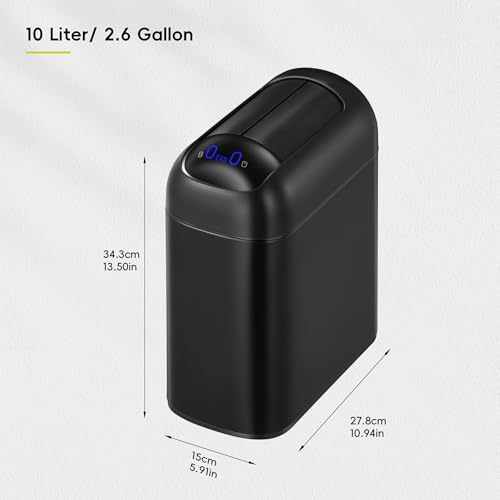 Image of EKO Astro Slim Sensor Trash Can, 10L / 2.6 Gallon Touchless Garbage Bin with Soft-Close Retractable Wing Lid, Motion Sensor Stainless Steel Trash Can for Bathroom and Office, Waterproof, Black