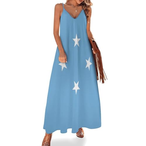 Robe femme été fluide motif drapeau micronésien chic imprimé bleu étoilé