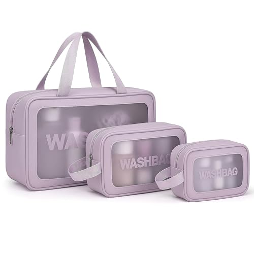 Image of Wazdorf Cosmetic Pouch Bag - Large Waterproof Wash Bag with Handle, Translucent Cosmetic Organizer for Makeup, Brushes & Accessories - Unisex Storage Pouch for Travel & Bathroom Use (Purple -3 Pcs)