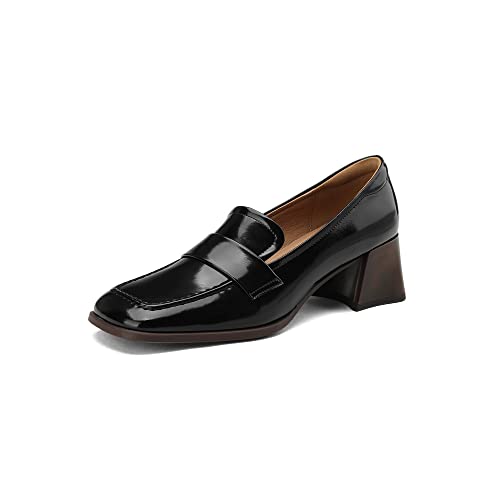 Image of TinaCus Genuine Leather Women's Square Toe Handmade Chunky Heels Slip On Casual Loafers Shoes(Black, US9.5)