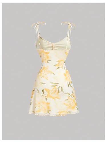 Image of Milumia Women's Floral Tie Knot Spaghetti Strap Dress Boho V Neck Flared Hem Short Cami Dresses