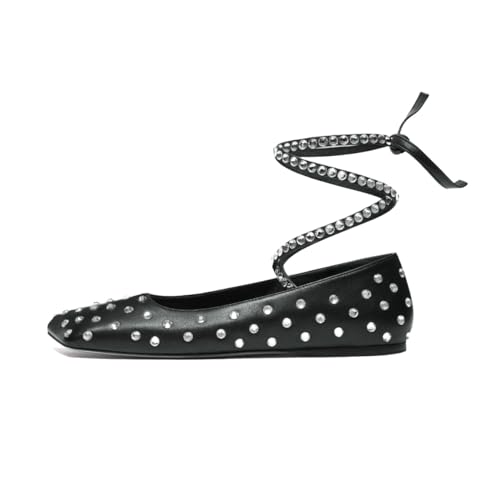 XYD Women Crystal Lace Up Flats Fashion Square Closed Toe Ankle Strappy Ballet Party Dating Shoes