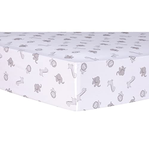 Image of Safari Chevron Animals Fitted Crib Sheet - Safari Animal Print Cotton, Gray and White, Fully Elasticized, 8 in Deep Pockets, Fits Standard Crib Mattress 28 in x 52 in
