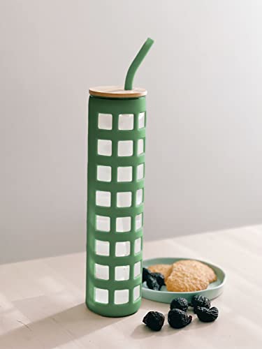 32 Oz Glass Tumbler With Platinum Silicone Straw | Fits In Cup Holders | Glass Water Bottle With Silicone Sleeve & Volume & Time Markings, Bamboo Lid, Drinking Mug For Cold Or Hot Coffee (Shale Green) #TOP4