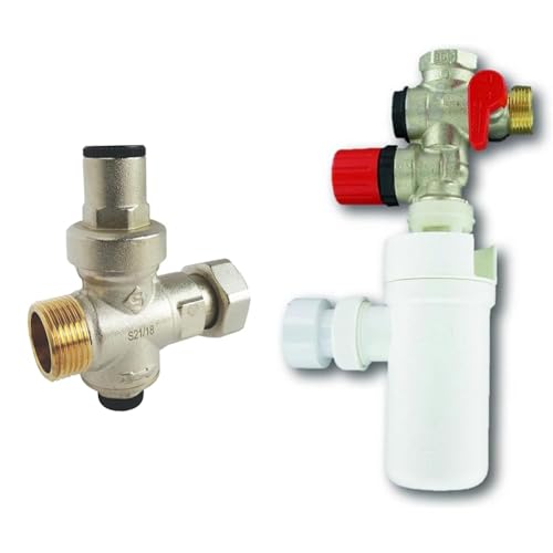 SOMATHERM FOR YOU - Réducteur de pression à piston - Ecrou tournant -Mâle 20/27 & COMAP Groupe de sécurité 889 3/4 (20x27) droit NF avec siphon d'évacuation