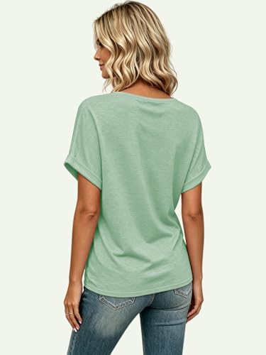 Image of EyMuse Womens Tshirts V Neck Solid Color Blouse Loose Fit Short Sleeve Tee 2026 Summer Casual Tops, Light Green,L-New