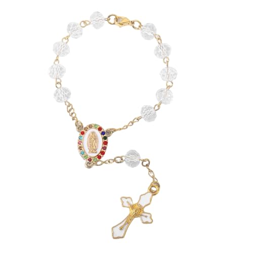 Zigeiya Car Cross Rearview Hanging Ornament, Retro Artistic Style Rosary Pendant, Alloy Rust-Resistant Blessing Bead Charm, Universal Non-obstructing Interior Accessory for Most Cars (White)