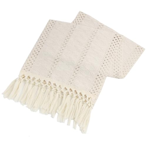 Chemin de Table Boho Beige avec Glands, mélange de Coton et de Lin en macramé, Style Rustique de la Ferme, pour la Cuisine, Les Mariages et Les fêtes, décoration de la Salle à Manger, 30x140 cm