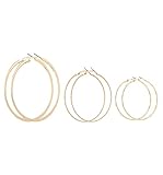 VUJANTIRY Triple Women's Big Hoop Earring Round Hoops Earrings Set of 3 Pairs Flat Textured (Gold #2)