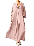  Onsoyours Femmes Coton Lin Robes Décontracté à Manches Courtes Couleur Unie Robes Mi-Longues Robe Evasée Robes Fluides Amples Eté B Rose 3XL