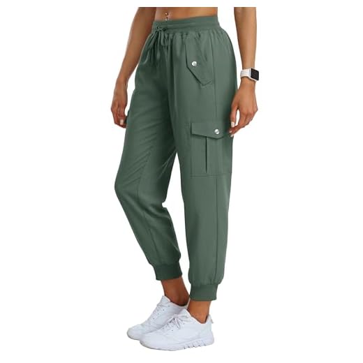 JINSHI Pantalones Senderismo Mujer Cargo Jogger Pantalón Ligero Transpirable Pantalone Ocio Aire Libre Deportes Acampada Trekking Multibolsillos Verde Militar Talla L