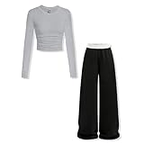 Voxikodex Size 13 14 Years Tween Girls Outfits 2 Piece Waist-Cinching T-Shirt Top Black High-Waisted Pants Kids Girls Fall Winter Clothes Set(13-14Y)