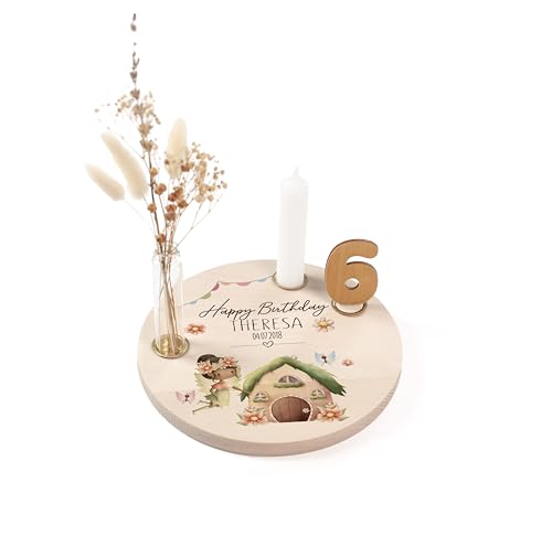Nord-Kind® Personalisierter Geburtstagsteller Holz mit Namen & Datum – Set mit Kerze, Vase & Zahlen (0-9) – Ø 20cm Deko-Teller Kindergeburtstag – Motiv: Fee 3