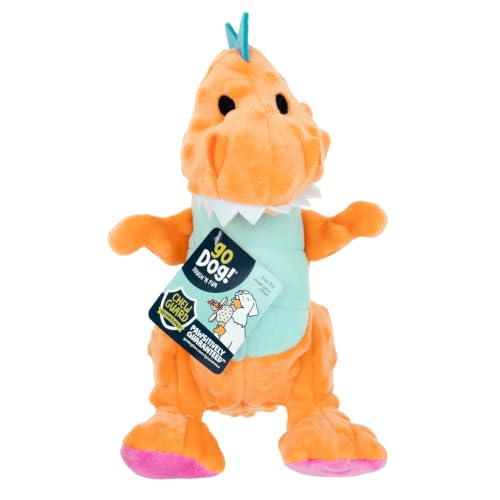 Image of goDog Dinos T-Rex Squeaky Plush Dog Toy with Chew Guard Technology, Durable Fabric & Squeaker for Active Play, Orange, Medium