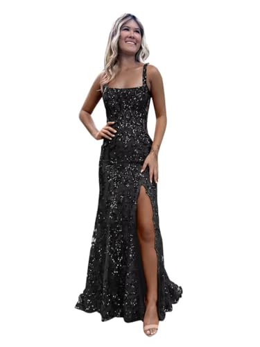 Spaghetti Strap Mermaid Sparkly Sequin Prom Dresses with Slit for Women 2025 Square Neck Formal Gowns NO243
