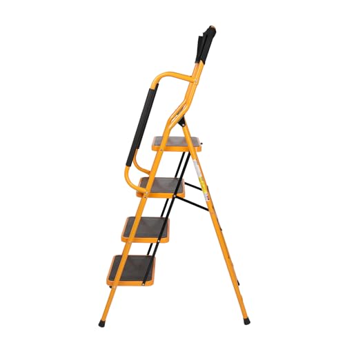 Image of 4 Step Ladder with Handrails Folding Step Stool with Attachable Tool Bag & Anti-Slip Wide Pedal, Ladders for Home Kitchen Pantry Office, 330 lb Sturdy Steel Ladder for Adults Portable, Yellow
