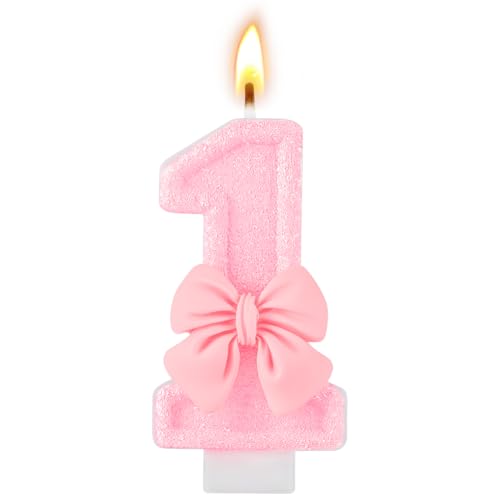 Image of AYESY Pink Bow Birthday Number Candles, Number 1 Birthday Cake Topper Decoration, Glittering 1th Cake Candles Girls Theme for Party Decorations Supplies