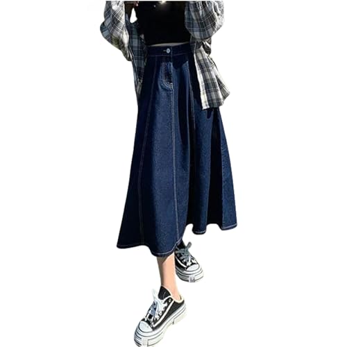 MdybF Falda Vaquera Falda Larga de Cintura Alta para Mujer Falda Vaquera Delgada de Corte A Falda Media de Verano para Mujer-Azul Oscuro-m